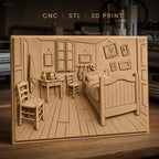 Fichier CNC & impression 3D chambre ancienne, lit, chaise, table, tableaux, haute qualité relief STL