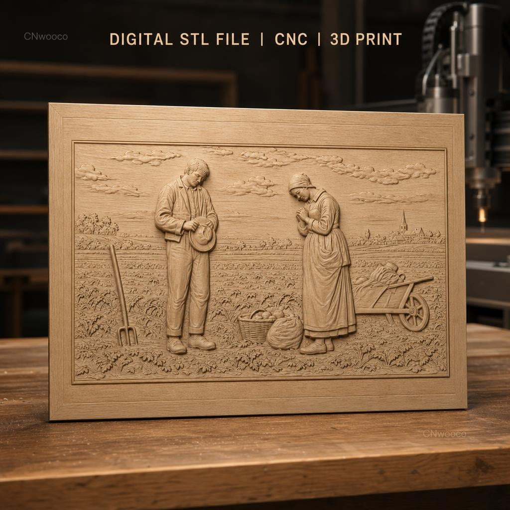 Fichier CNC & impression 3D scène agricole, homme et femme paysans dans champ, haute qualité relief STL