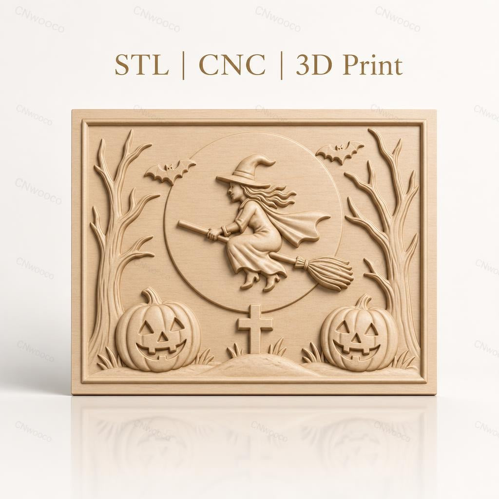 Fichier CNC & impression 3D Halloween, sorcière volante, citrouilles, chauves-souris, tombe, haute qualité relief STL
