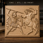Fichier CNC & impression 3D guerrier spartiate et centaure, scène mythologique grecque, haute qualité relief STL