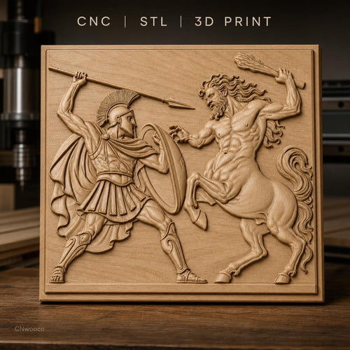 Fichier CNC & impression 3D guerrier spartiate et centaure, scène mythologique grecque, haute qualité relief STL