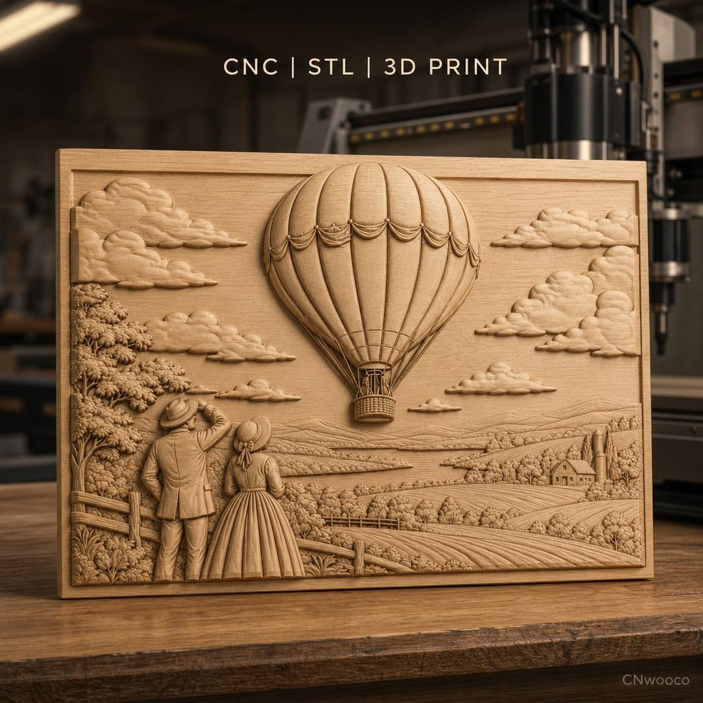 Fichier CNC & impression 3D montgolfière, couple vintage champêtre, haute qualité relief STL