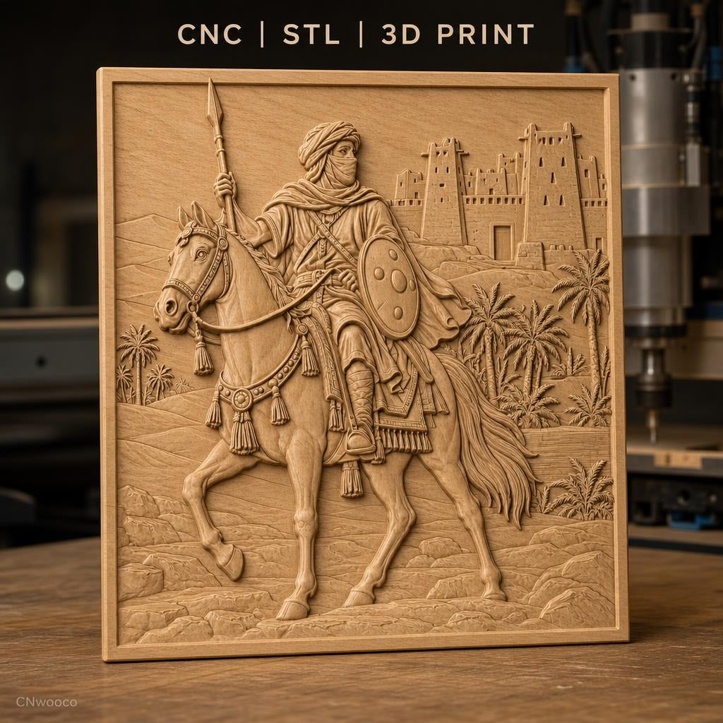 Fichier CNC & impression 3D cavalier arabe, cheval, lance, palmier et forteresse, haute qualité relief STL