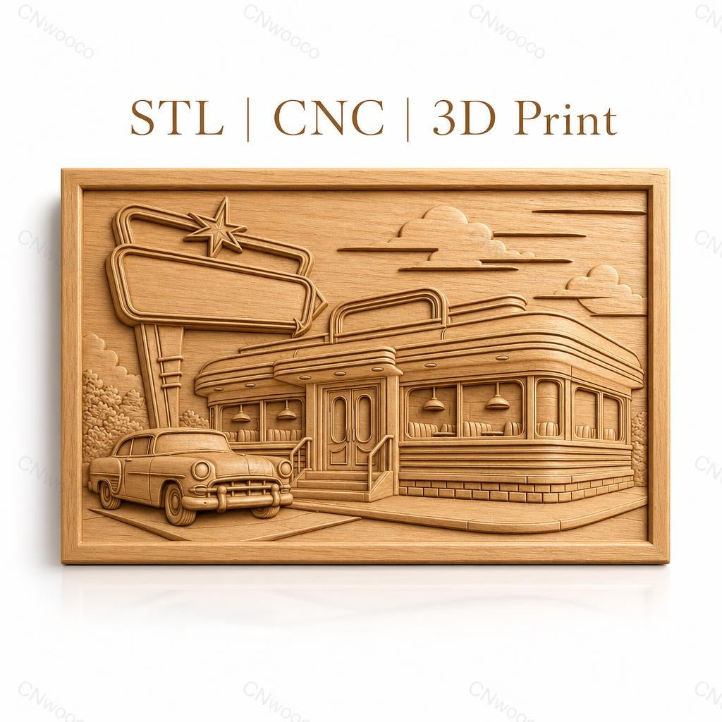 Fichier CNC & impression 3D Diner américain rétro, voiture vintage et enseigne, haute qualité relief STL