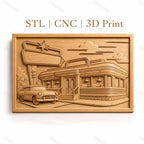 Fichier CNC & impression 3D Diner américain rétro, voiture vintage et enseigne, haute qualité relief STL