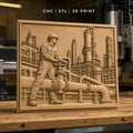 Fichier CNC & impression 3D industrie pétrochimique, ouvrier avec valve et tuyauterie complexe, haute qualité relief STL