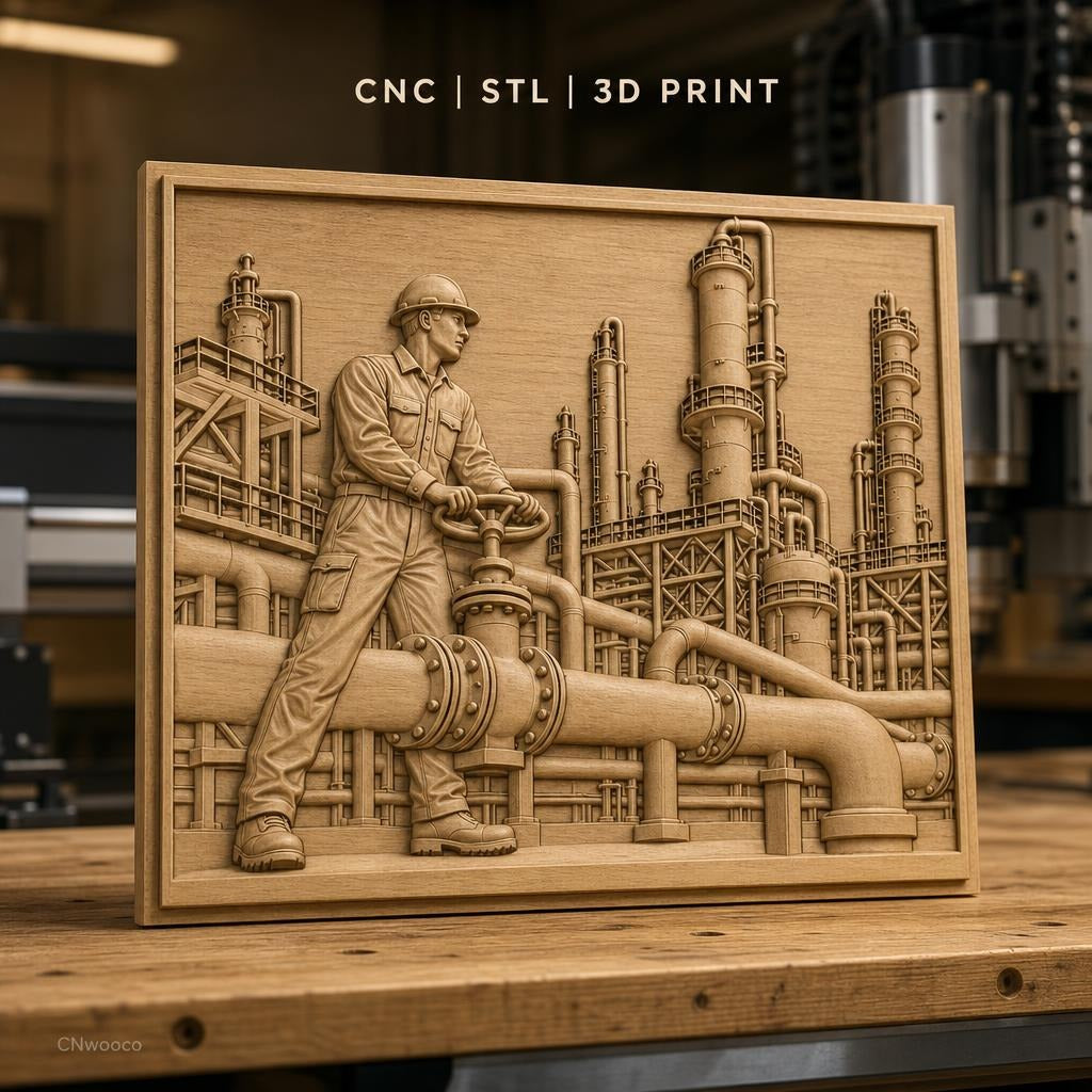 Fichier CNC & impression 3D industrie pétrochimique, ouvrier avec valve et tuyauterie complexe, haute qualité relief STL