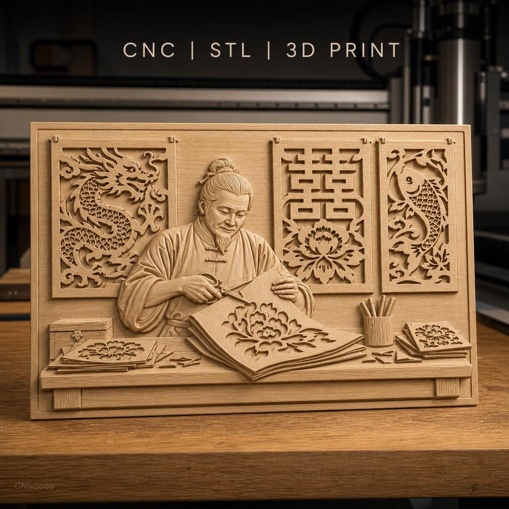 Fichier CNC & impression 3D artisan chinois découpage papier, fleurs, dragon, poisson, haute qualité relief STL