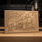 Fichier CNC & impression 3D locomotive à vapeur, gare vintage avec ouvriers, haute qualité relief STL