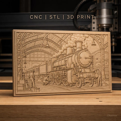 Fichier CNC & impression 3D locomotive à vapeur, gare vintage avec ouvriers, haute qualité relief STL
