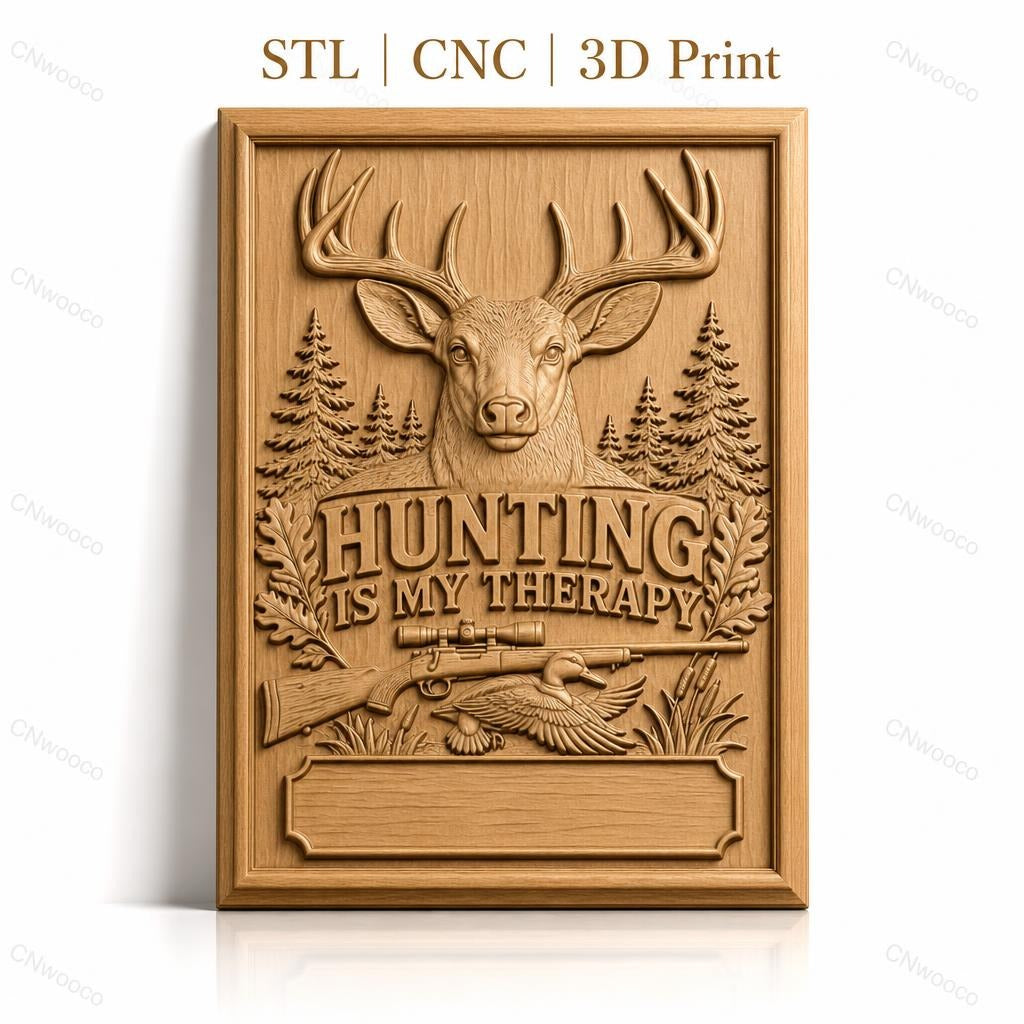 Fichier CNC & impression 3D chasse, cerf, fusil, canard, forêt, texte Hunting is my therapy, haute qualité relief STL