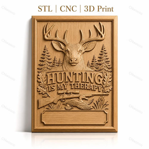 Fichier CNC & impression 3D chasse, cerf, fusil, canard, forêt, texte Hunting is my therapy, haute qualité relief STL