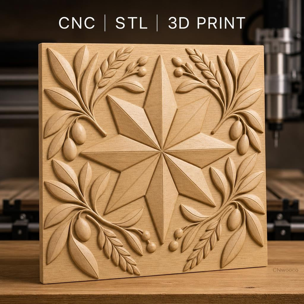 Fichier CNC & impression 3D étoile et branches d'olivier, motifs décoratifs classiques, haute qualité relief STL