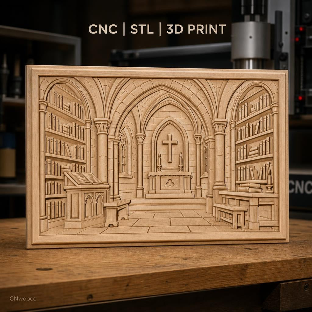 Fichier CNC & impression 3D intérieur d'église gothique, autel, bibliothèque, croix, haute qualité relief STL