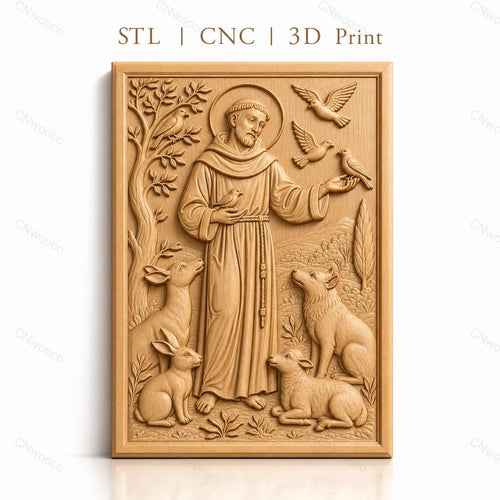 Fichier CNC & impression 3D Saint François d'Assise, animaux et oiseaux dans relief détaillé, haute qualité relief STL