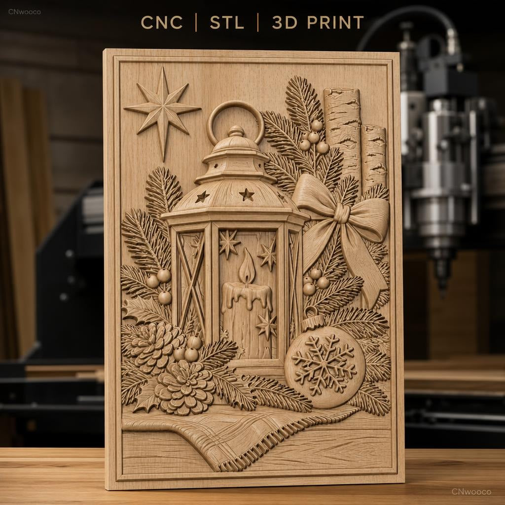 Fichier CNC & impression 3D décorations de Noël, lanterne, bougie, pommes de pin, haute qualité relief STL