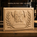 Fichier CNC & impression 3D Boxer chien, portrait avec feuilles et cadre ornemental, haute qualité relief STL