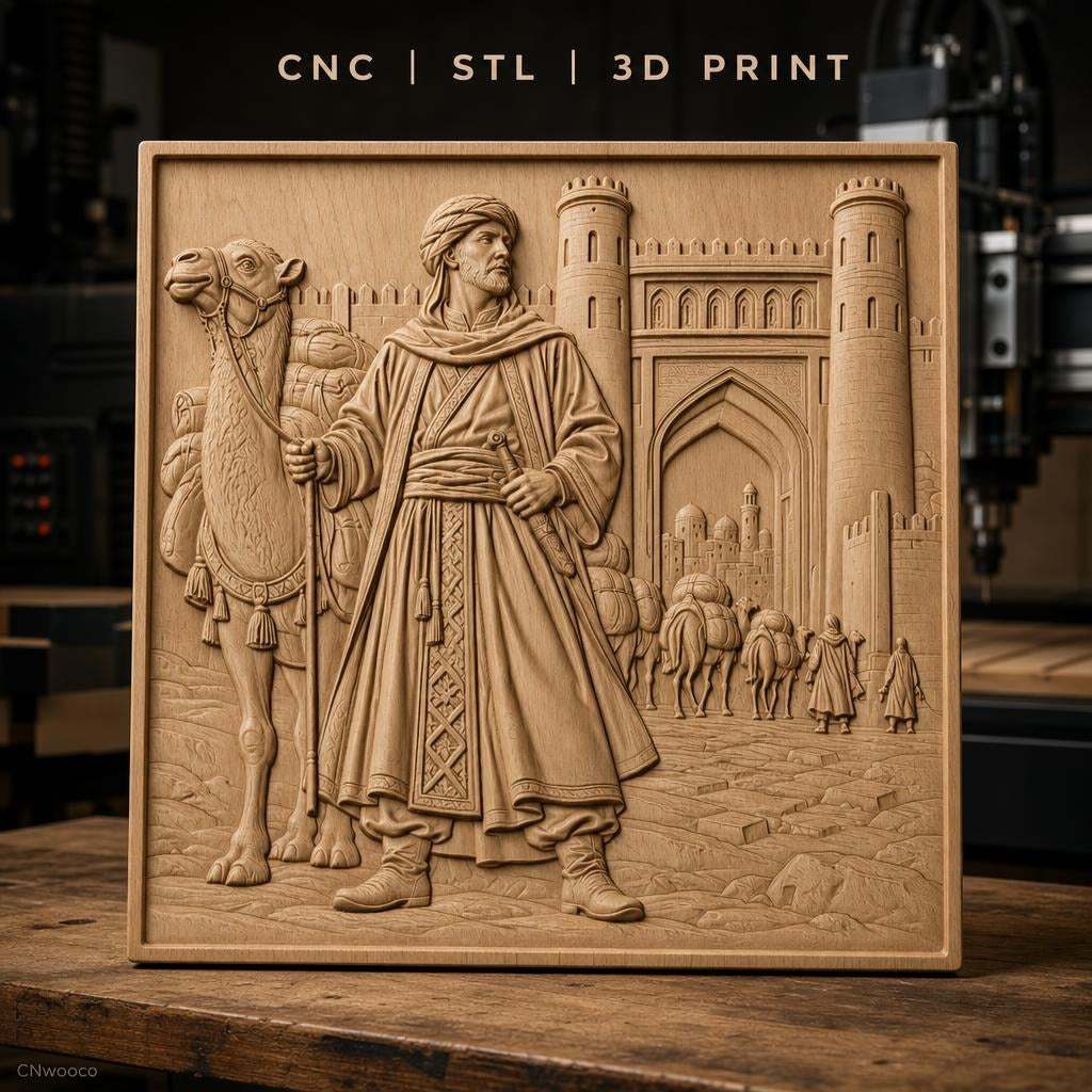 Fichier CNC & impression 3D caravane de dromadaires et voyageur oriental, porte fortifiée, haute qualité relief STL