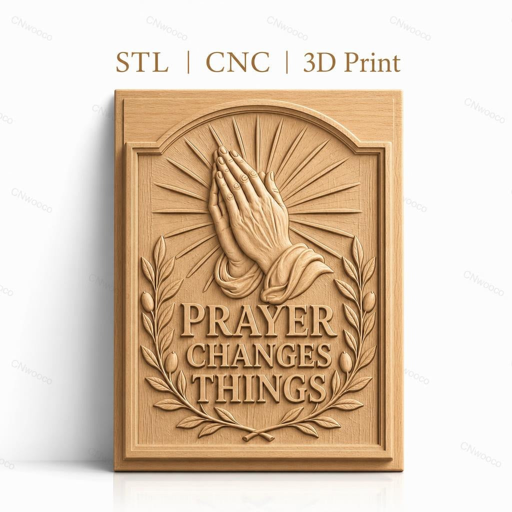 Fichier CNC & impression 3D mains en prière, rayons lumineux et couronne de feuilles, haute qualité relief STL