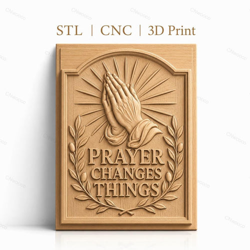 Fichier CNC & impression 3D mains en prière, rayons lumineux et couronne de feuilles, haute qualité relief STL