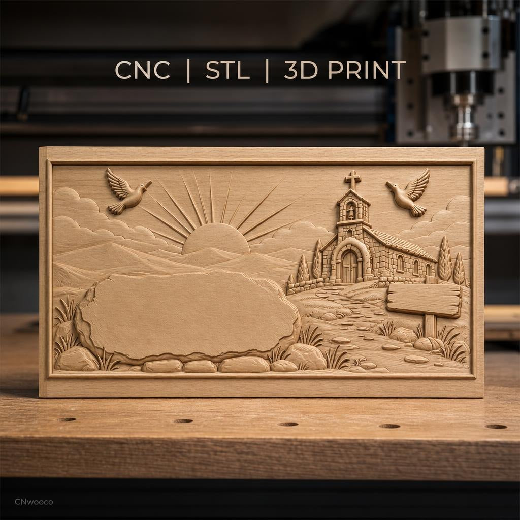 Fichier CNC & impression 3D paysage religieux avec chapelle, colombes, soleil levant, chemin de pierre, haute qualité relief STL