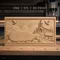 Fichier CNC & impression 3D paysage religieux avec chapelle, colombes, soleil levant, chemin de pierre, haute qualité relief STL