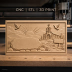 Fichier CNC & impression 3D paysage religieux avec chapelle, colombes, soleil levant, chemin de pierre, haute qualité relief STL