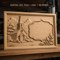 Fichier CNC & impression 3D église rurale, arbres et cadre décoratif, haute qualité relief STL