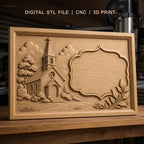 Fichier CNC & impression 3D église rurale, arbres et cadre décoratif, haute qualité relief STL