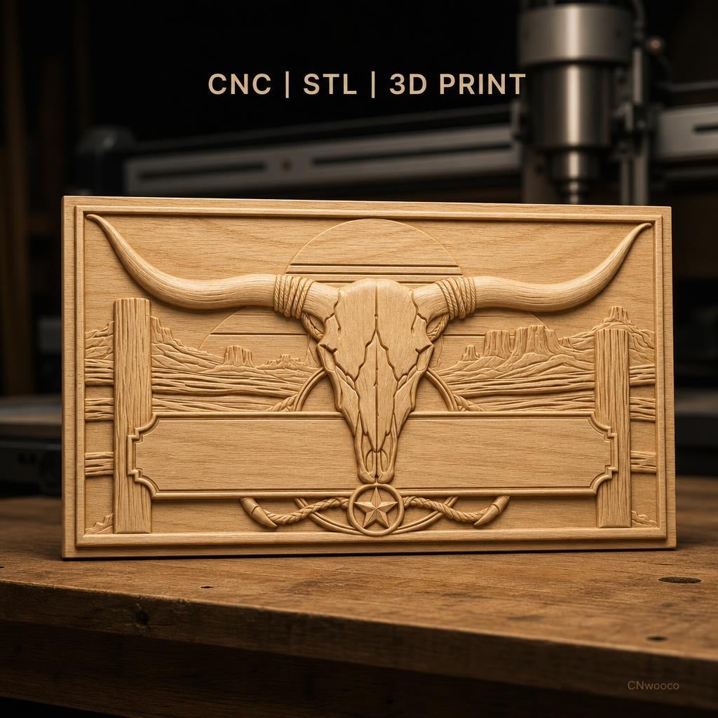 Fichier CNC & impression 3D décoration western, crâne de taureau et paysage désertique, haute qualité relief STL