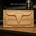 Fichier CNC & impression 3D décoration western, crâne de taureau et paysage désertique, haute qualité relief STL