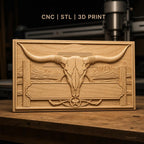 Fichier CNC & impression 3D décoration western, crâne de taureau et paysage désertique, haute qualité relief STL