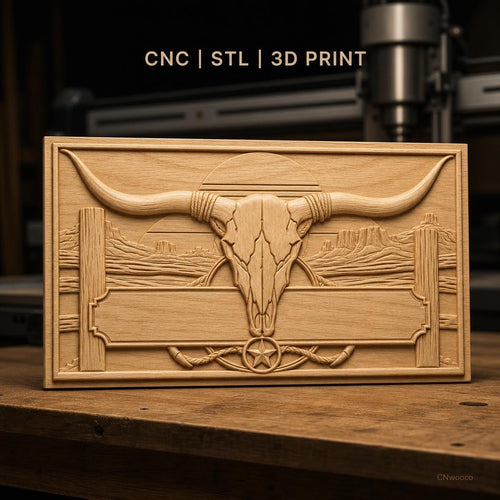 Fichier CNC & impression 3D décoration western, crâne de taureau et paysage désertique, haute qualité relief STL