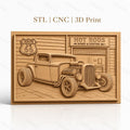 Fichier CNC & impression 3D voiture hot rod vintage, garage custom et panneau route 66, haute qualité relief STL