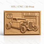 Fichier CNC & impression 3D voiture hot rod vintage, garage custom et panneau route 66, haute qualité relief STL