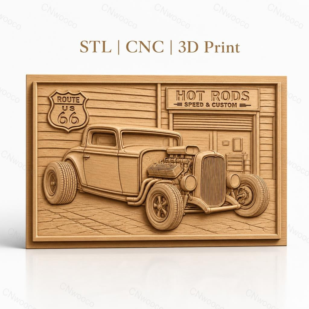 Fichier CNC & impression 3D voiture hot rod vintage, garage custom et panneau route 66, haute qualité relief STL