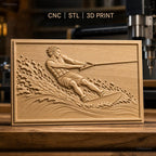 Fichier CNC & impression 3D skieur nautique, homme en action avec éclaboussures d'eau, haute qualité relief STL