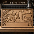 Fichier CNC & impression 3D Jésus entrant à Jérusalem, relief avec âne, palmiers et ville ancienne, haute qualité relief STL