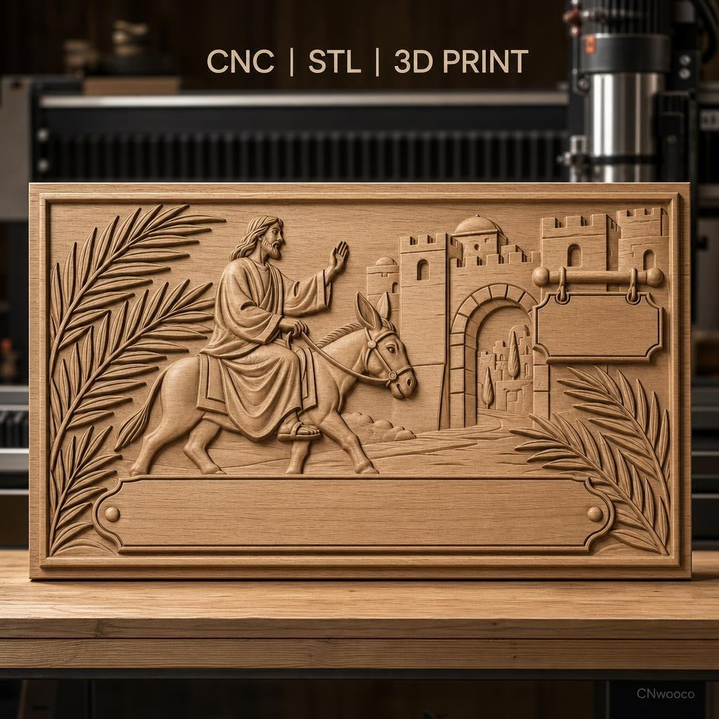 Fichier CNC & impression 3D Jésus entrant à Jérusalem, relief avec âne, palmiers et ville ancienne, haute qualité relief STL