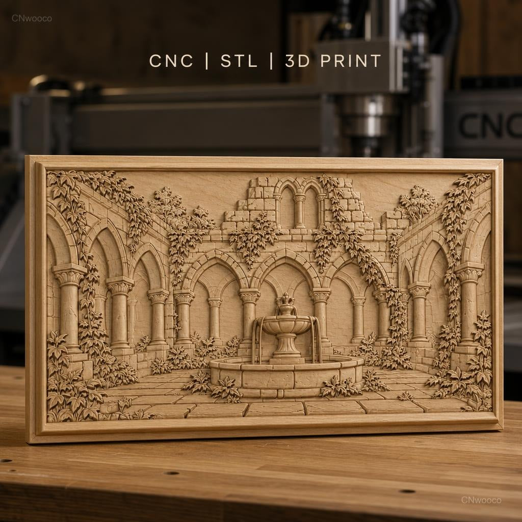 Fichier CNC & impression 3D cloître ancien, fontaine centrale et archades gothiques, haute qualité relief STL