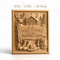 Fichier CNC & impression 3D panneau chasse, cerf, cabane, bottes et fusil, haute qualité relief STL