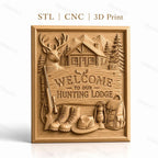 Fichier CNC & impression 3D panneau chasse, cerf, cabane, bottes et fusil, haute qualité relief STL