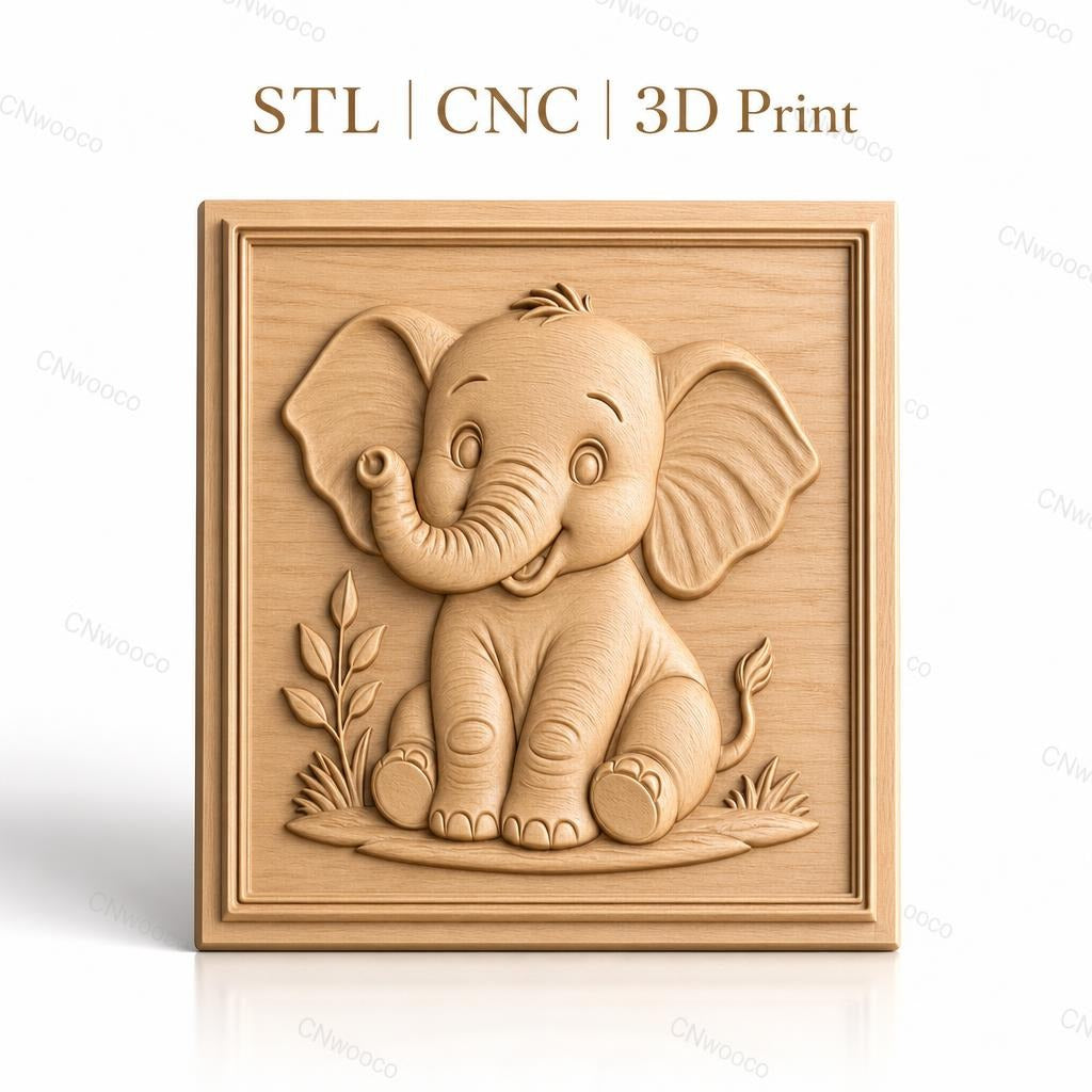 Fichier CNC & impression 3D bébé éléphant mignon, relief décoratif nature plantes, haute qualité relief STL