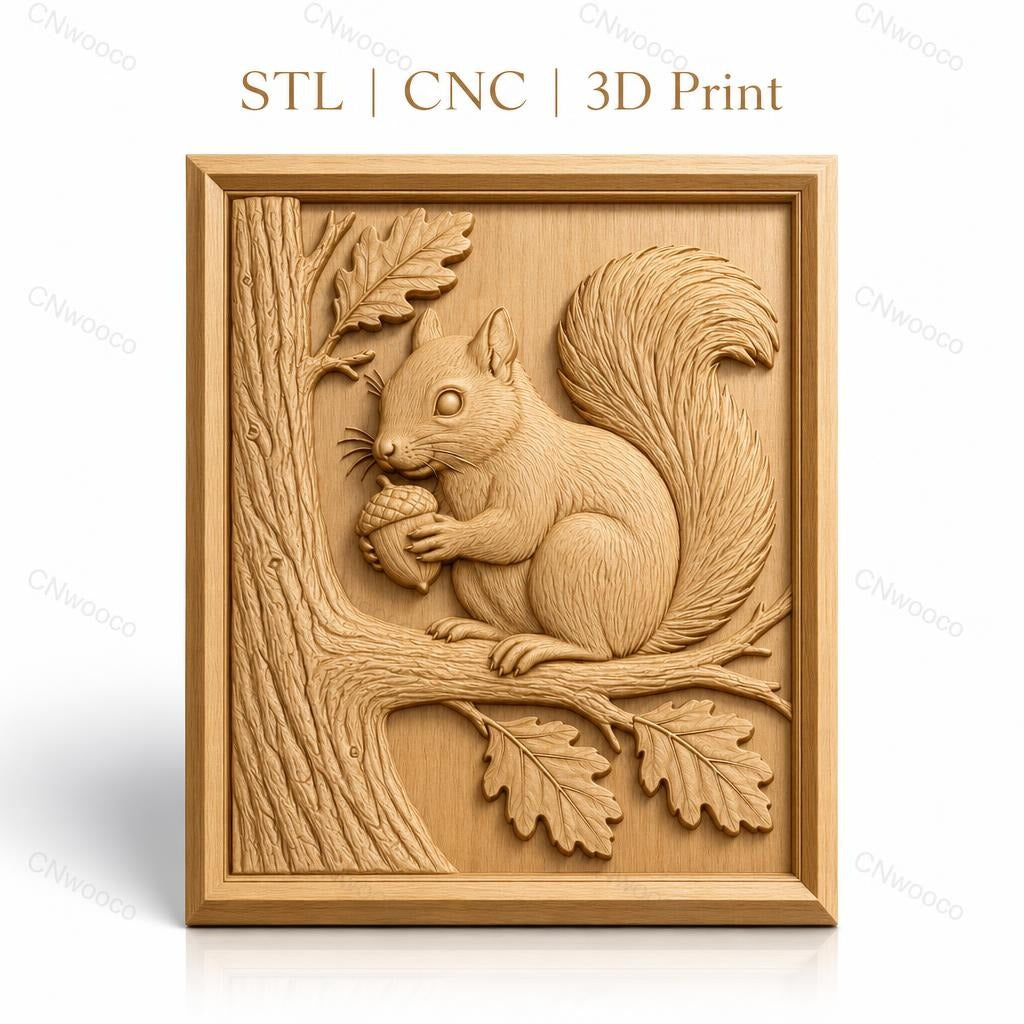Fichier CNC & impression 3D écureuil, gland, branche et feuillage, haute qualité relief STL