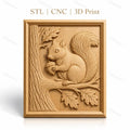 Fichier CNC & impression 3D écureuil, gland, branche et feuillage, haute qualité relief STL
