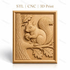 Fichier CNC & impression 3D écureuil, gland, branche et feuillage, haute qualité relief STL