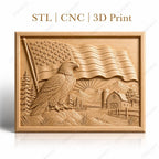 Fichier CNC & impression 3D aigle américain, drapeau USA, ferme et montagne, haute qualité relief STL