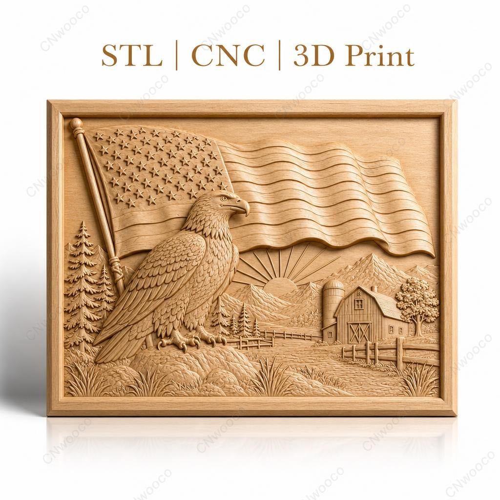 Fichier CNC & impression 3D aigle américain, drapeau USA, ferme et montagne, haute qualité relief STL