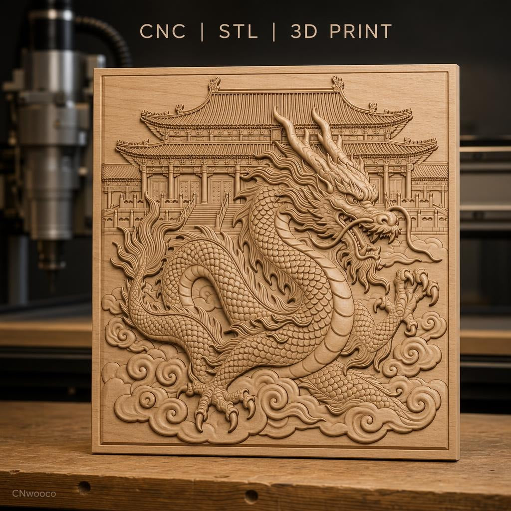Fichier CNC & impression 3D dragon chinois, temple asiatique, nuages, haute qualité relief STL