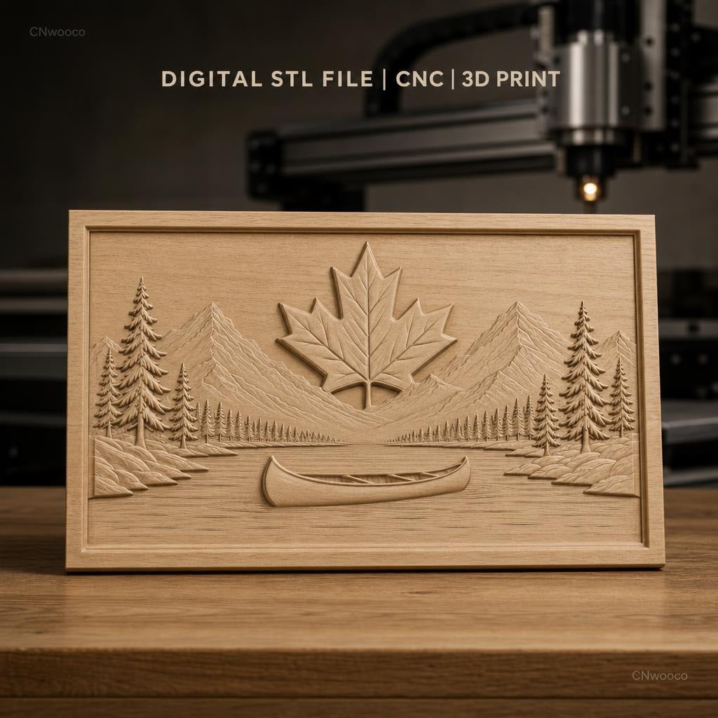 Fichier CNC & impression 3D paysage nature avec canoë et feuille d'érable, haute qualité relief STL